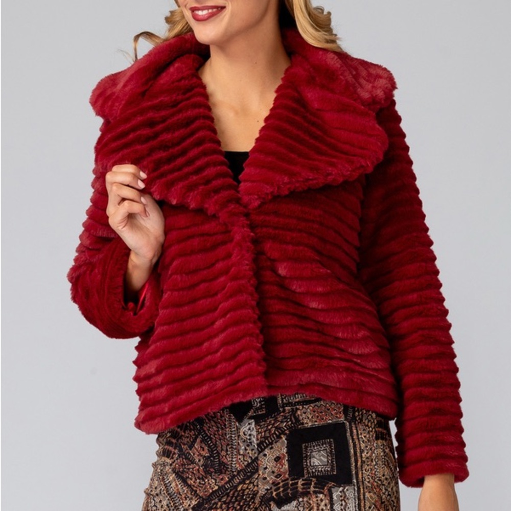 Joseph Ribkoff Red Fur Double Breasted Maroon Fur Coat Size 2 - Style: 193718